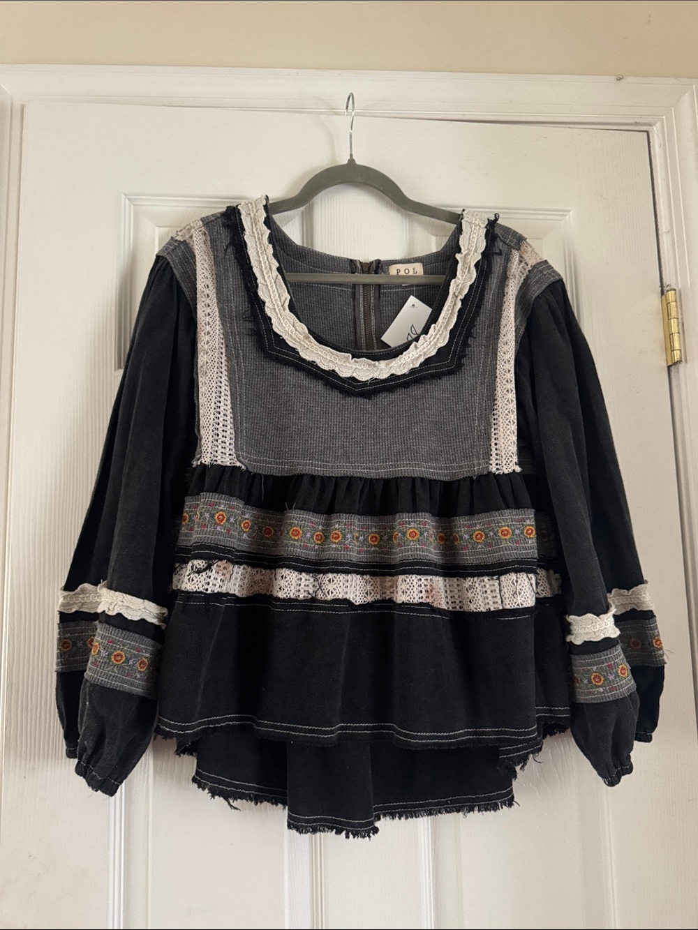 POL Black Embroidered Boho Tunic with Lace Yoke